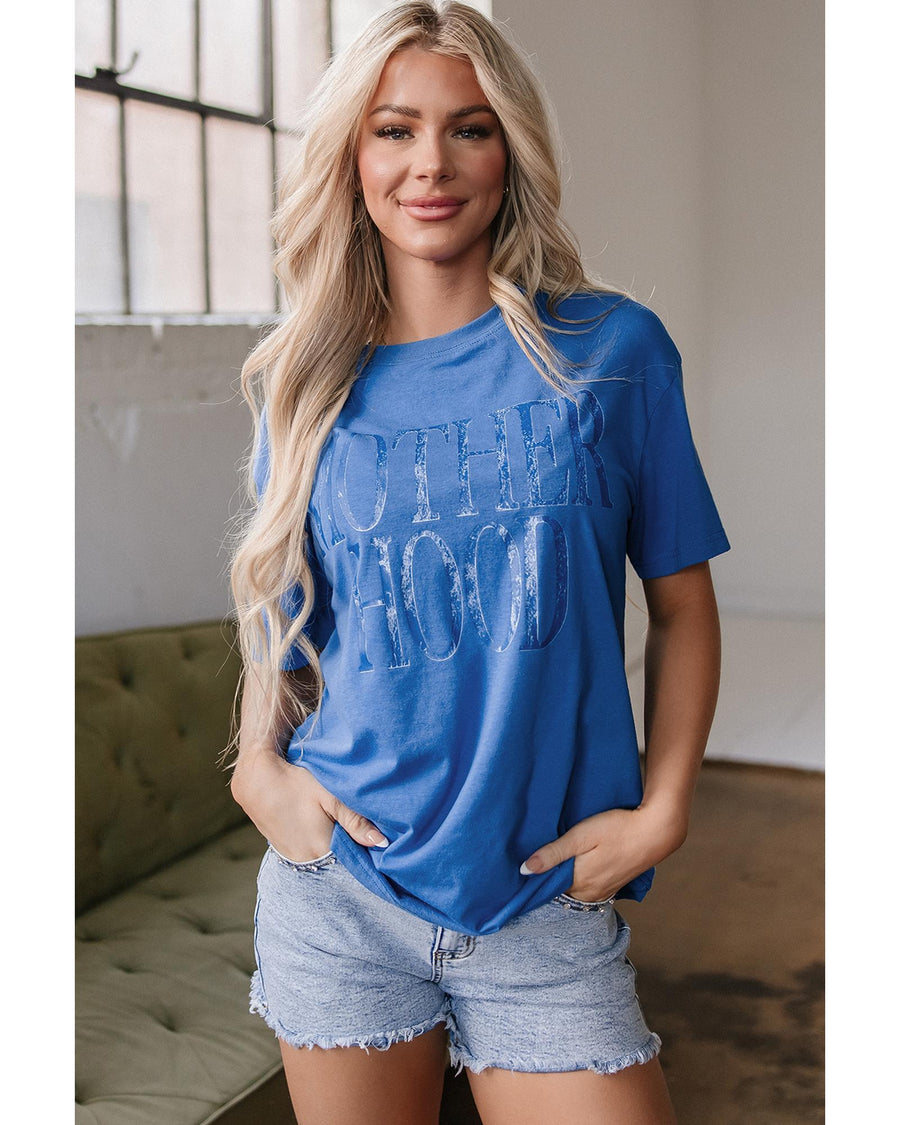 Sky Blue Vintage MOTHERHOOD Letter Graphic T Shirt - L