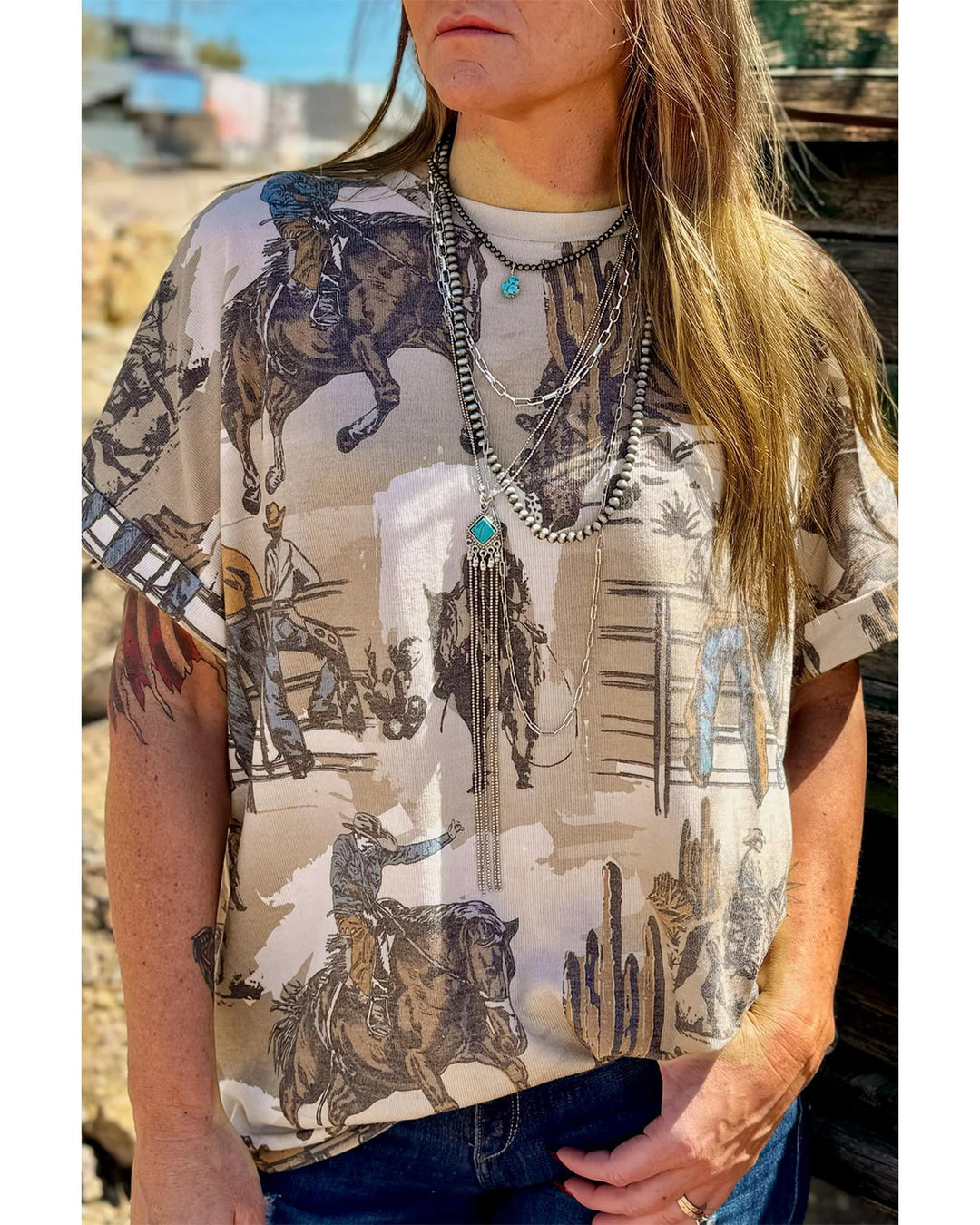 Khaki Western Cowboy Print Cuffed Sleeve Crewneck T Shirt - L