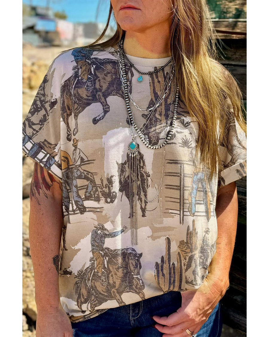 Khaki Western Cowboy Print Cuffed Sleeve Crewneck T Shirt - L