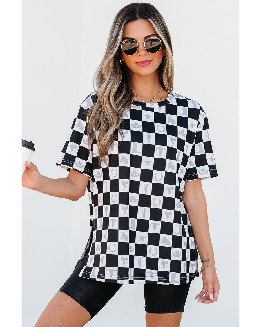 Black Western Fashion Checkerboard Print Side Split T Shirt - L