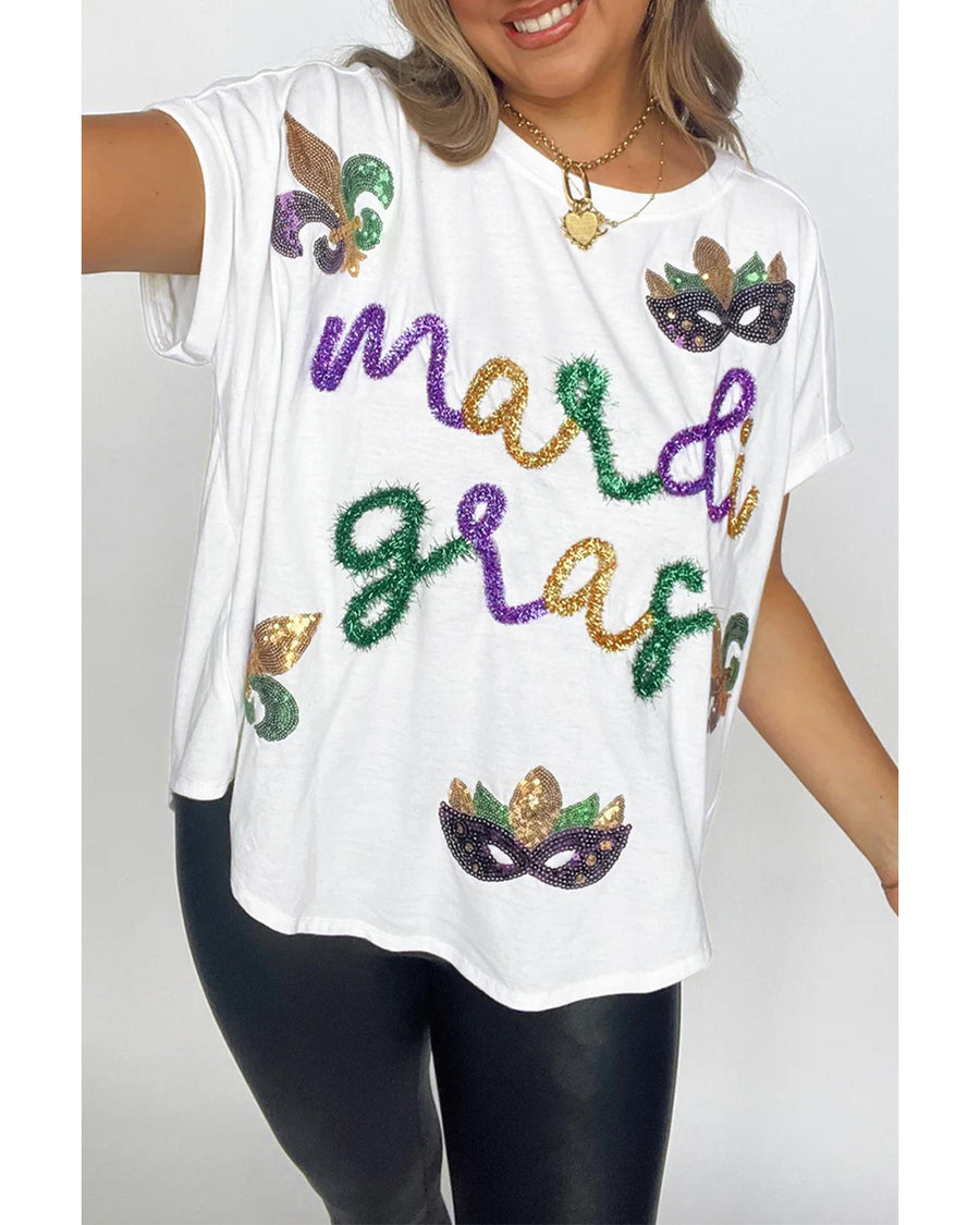 White Mardi Gras Tinsel Sequin Graphic T Shirt - L