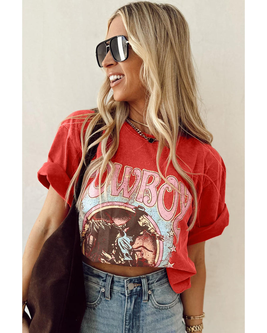Tomato Red COWBOY Take Me Away Graphic Western Loose Tee - XL