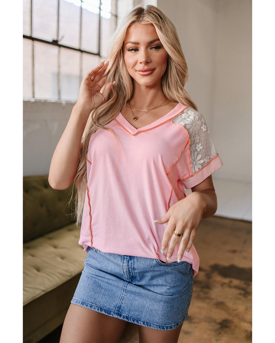 Light Pink Lace Patchwork Exposed Seam V Neck T Shirt - L