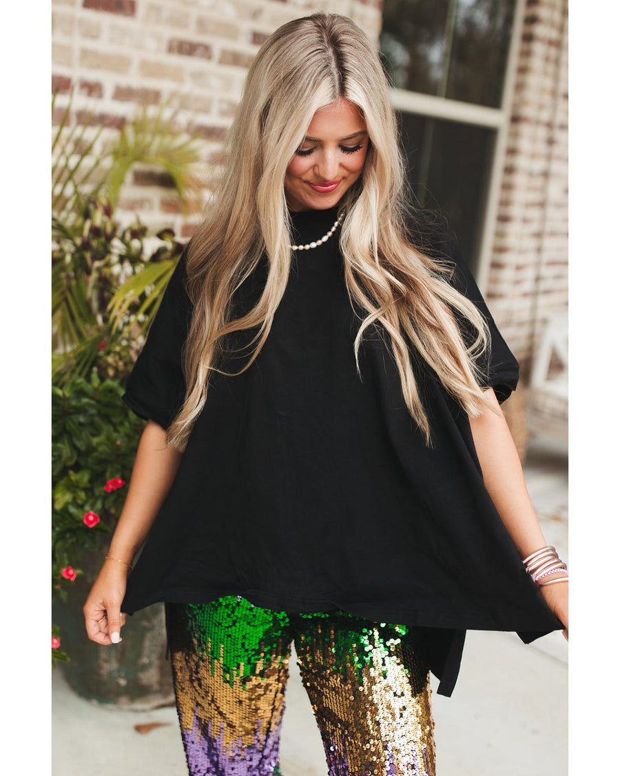 Black Loose Half Sleeve Hi Low Hem T Shirt - S