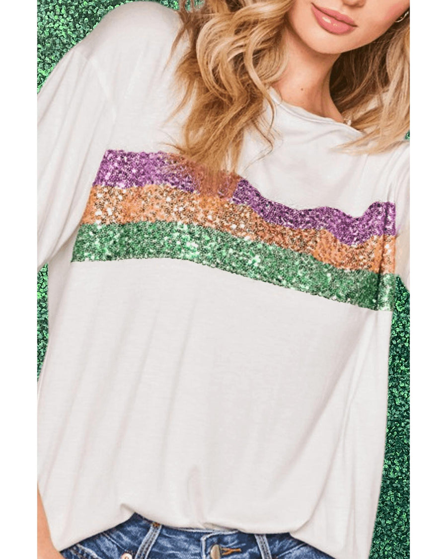 White Sequin Stripes Patchwork Mardi Gras Crew Neck T Shirt - S