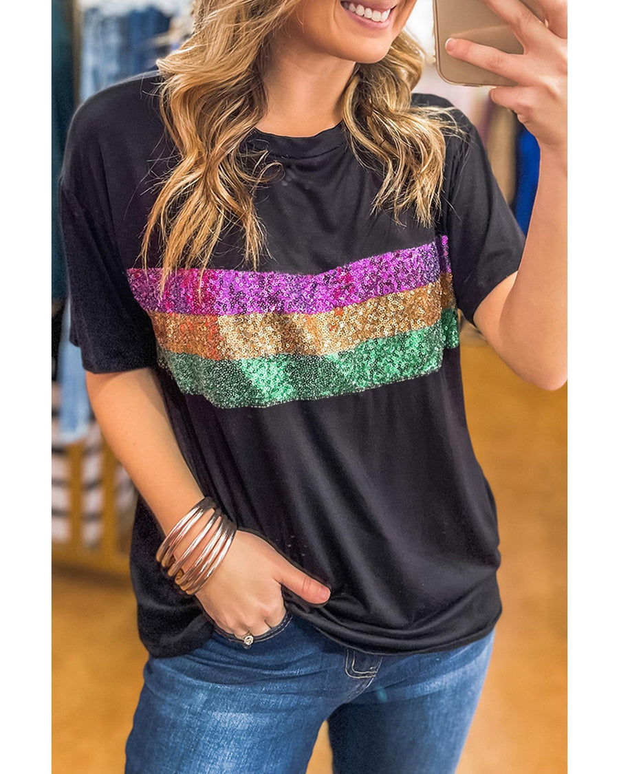 Black Sequin Stripes Patchwork Mardi Gras Crew Neck T Shirt - L
