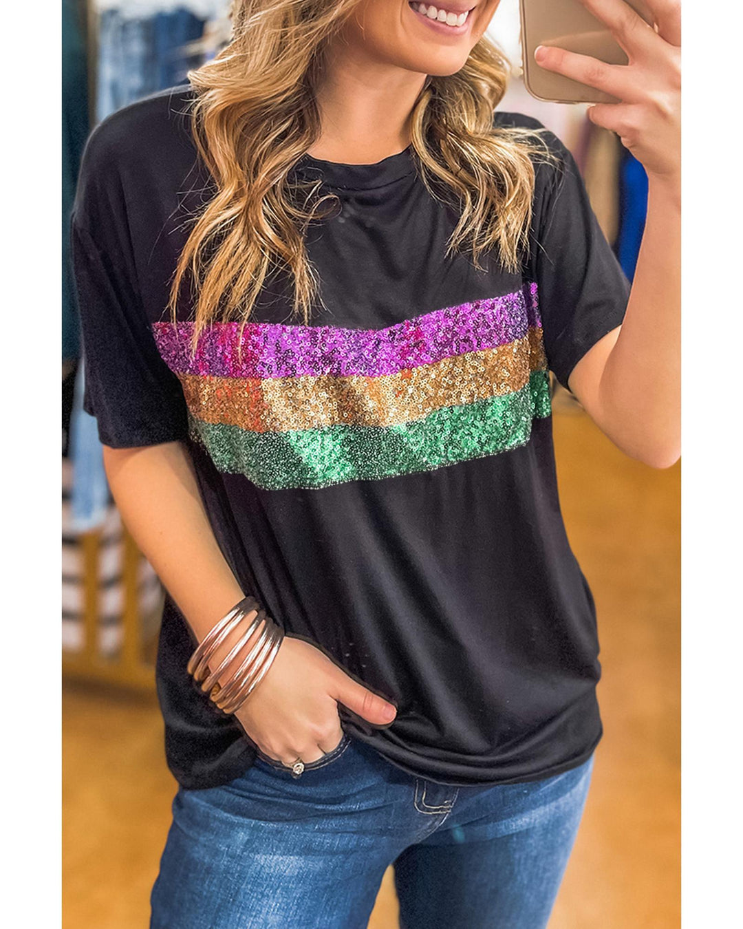 Black Sequin Stripes Patchwork Mardi Gras Crew Neck T Shirt - XL