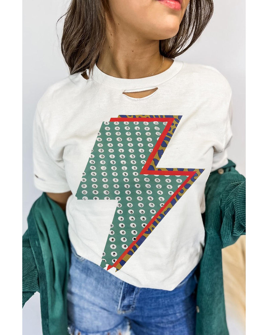 White Rhinestone Decor Bolt Graphic Ripped Western Tee - M