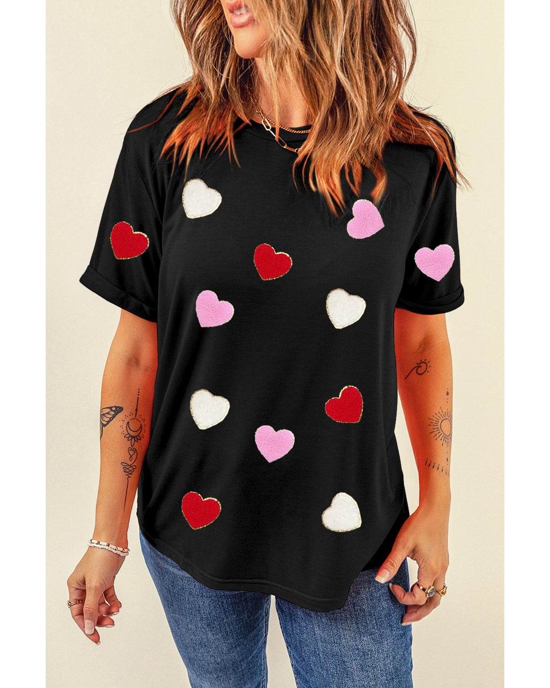 Black Valentines Chenille Heart Patched Pattern Crewneck Tee - M
