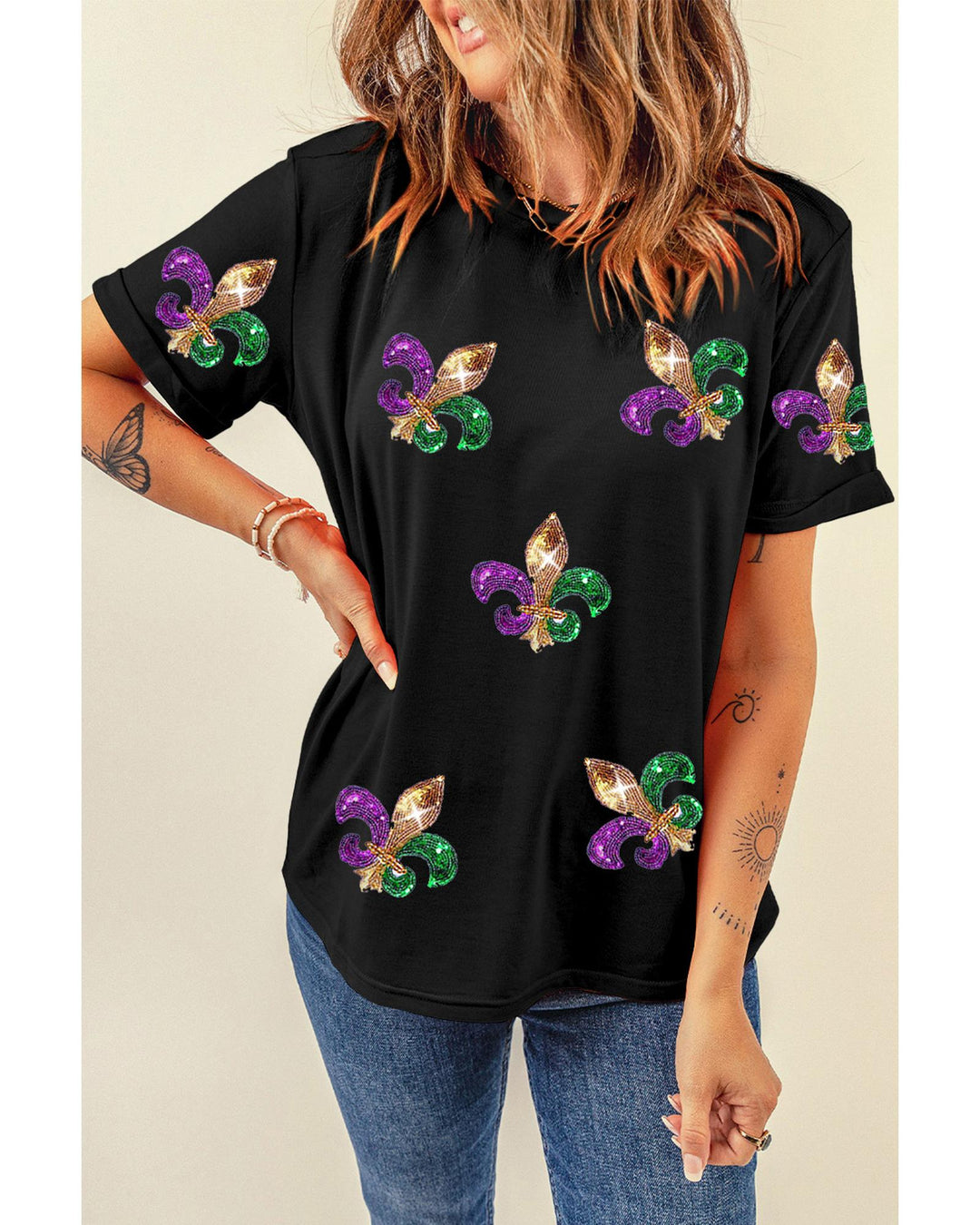 Black Mardi Gras Symbol Patched Crewneck T Shirt - S