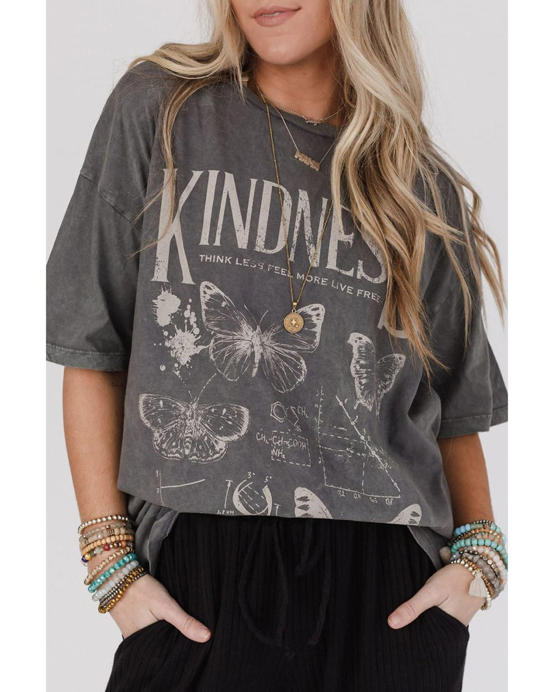 Dark Grey Kindness Butterflies Graphic Mineral Wash Loose Tee - S