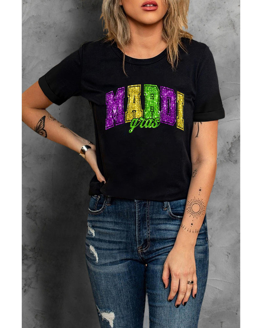 Black Mardi Gras Heat Transfer Graphic Holiday Tee - L
