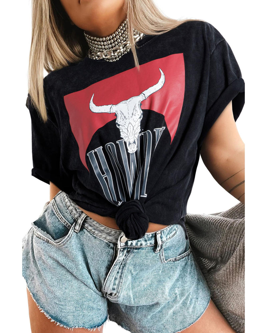 Black Western HOWDY Steer Head Print Side Slits Loose Fit T Shirt - XL