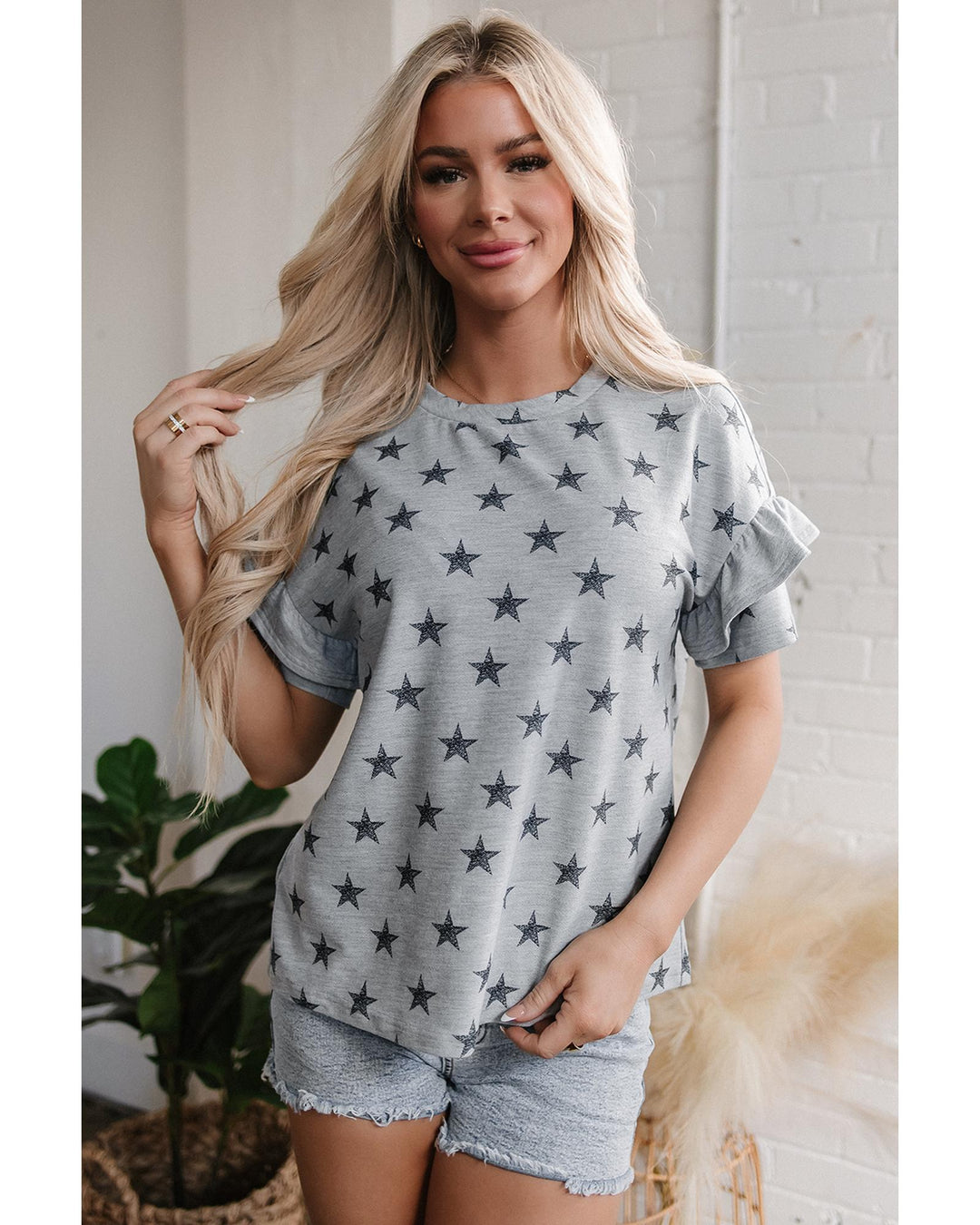 Gray Star Print Tiered Ruffled Sleeve Crew Neck T Shirt - XL