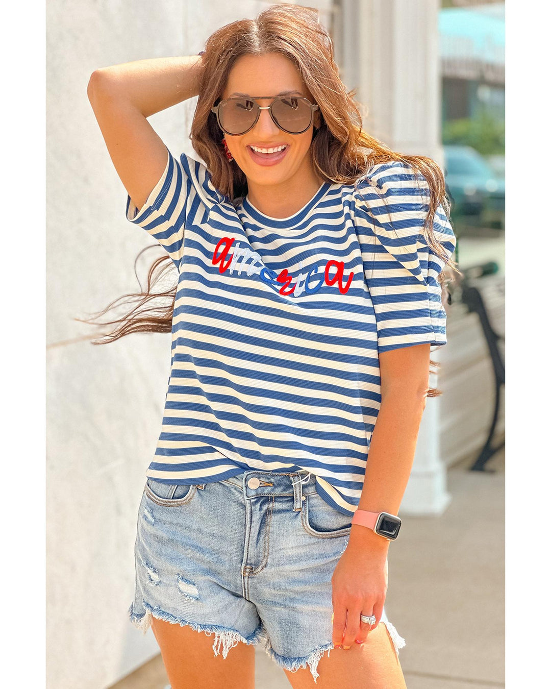Blue Stripe America Cursive Graphic Puff Sleeve T-shirt - XL
