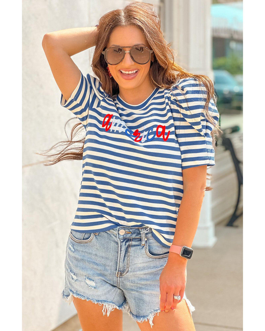 Blue Stripe America Cursive Graphic Puff Sleeve T-shirt - XL