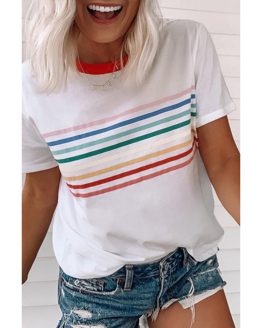 White Rainbow Stripe Print Contrast Crewneck T Shirt - L