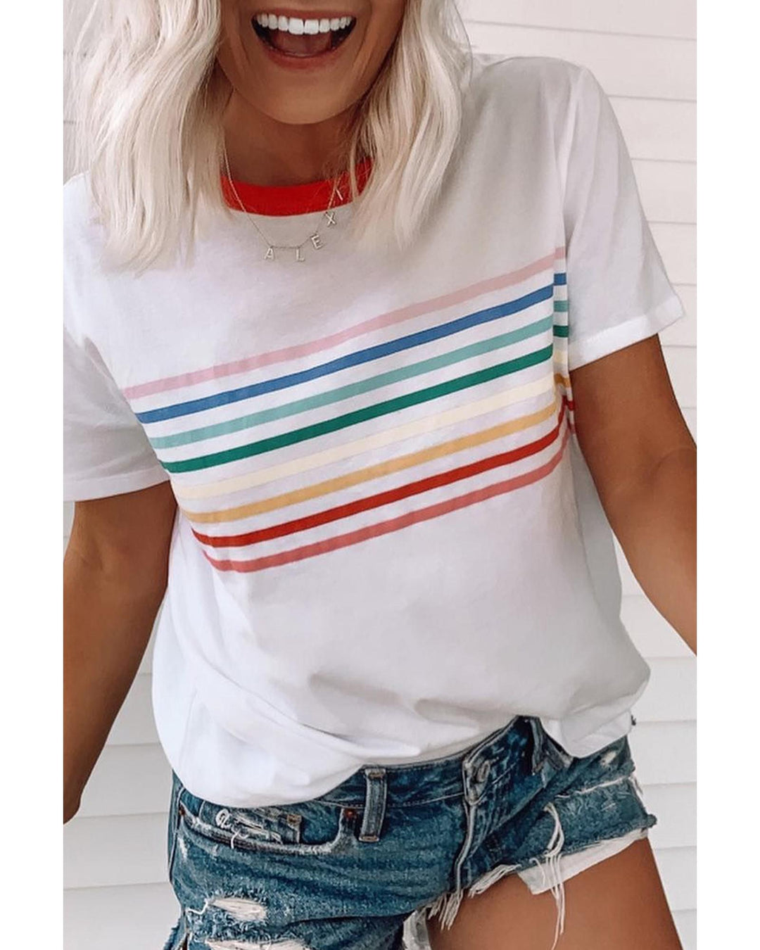 White Rainbow Stripe Print Contrast Crewneck T Shirt - XL