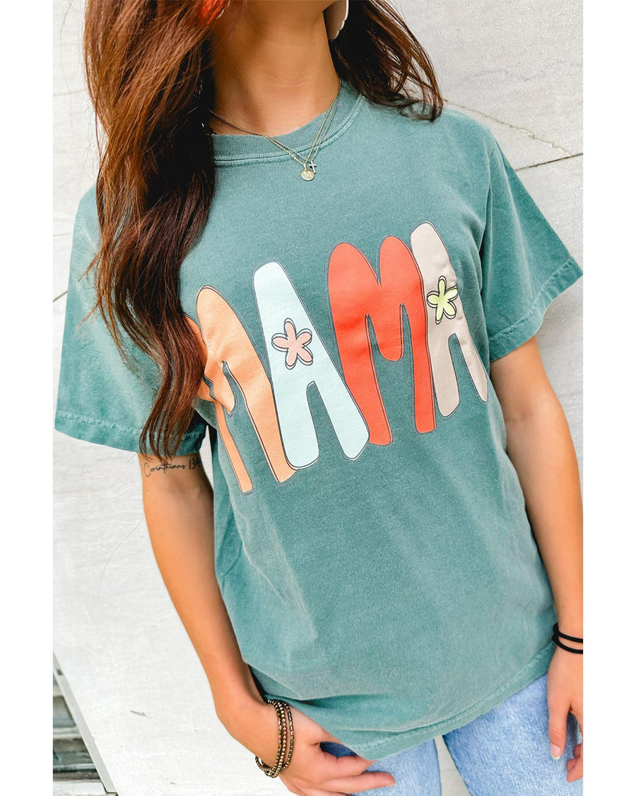 Sea Green MAMA Printed Mineral Wash Crewneck T Shirt - S