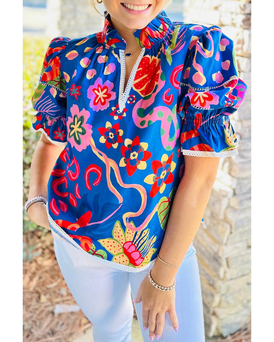 Blue Abstract Print Frilled Collar Ruffled Puff Short Sleeve Top - XL