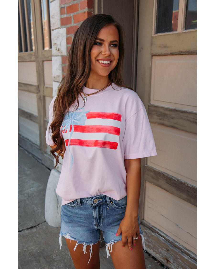 Light Pink Flag Bow Graphic Crewneck Tee - M