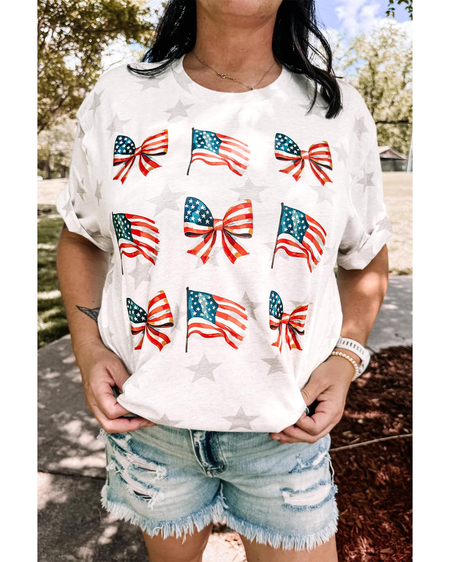 Khaki Patriotic Flag Bow Graphic Starry Round Neck T Shirt - M
