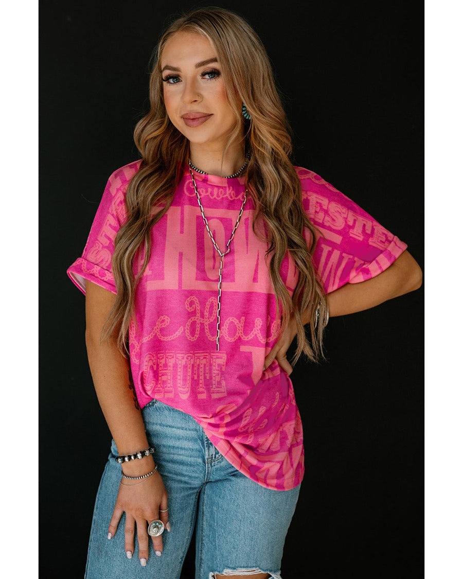 Rose Howdy Cowboy Letter Printed Western Fashion Tee - L