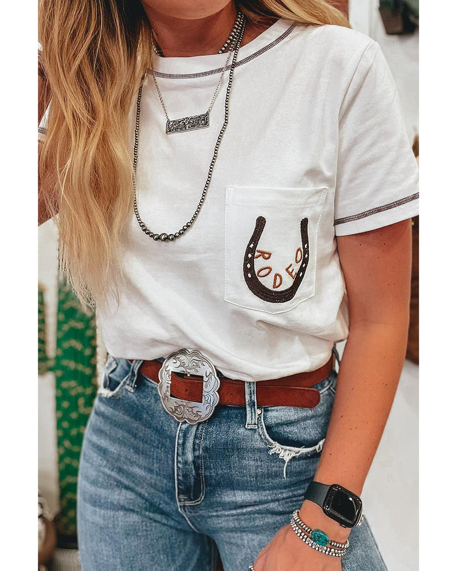 White RODEO Horseshoe Embroidered Patch Pocket T Shirt - L