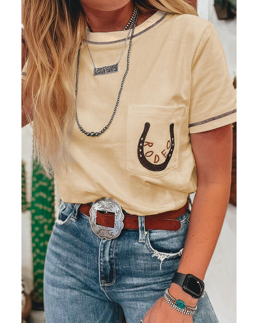Apricot RODEO Horseshoe Embroidered Patch Pocket T Shirt - S