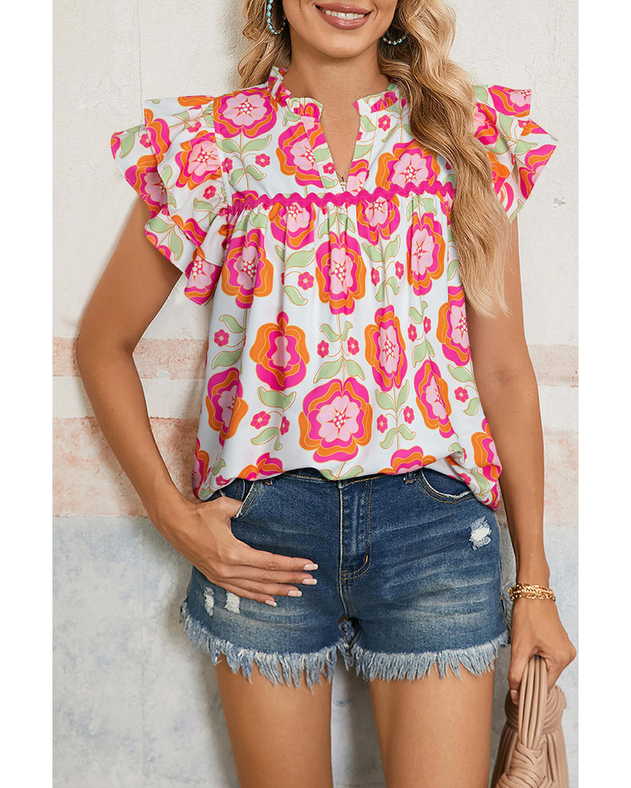 Rose Floral Ruffled Sleeve Ric-rac Trim Split Neck Loose Blouse - S