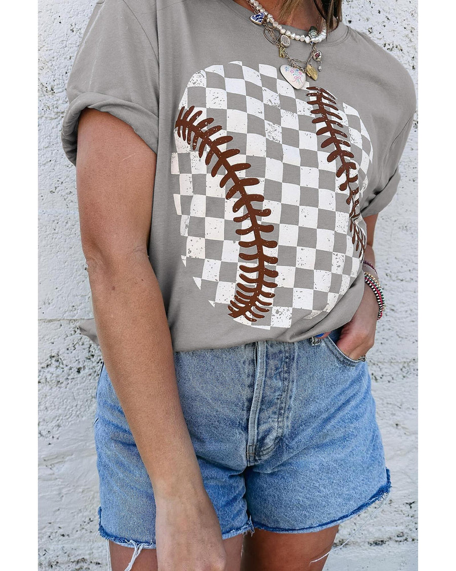 Gray Checkered Baseball Graphic Tee - L