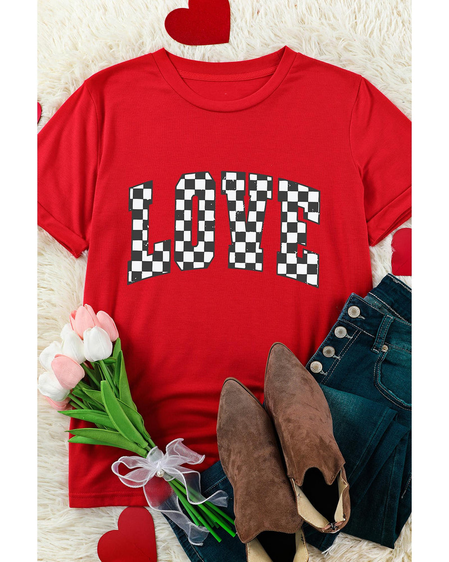 Red Checkered LOVE Letter Graphic Valentines T Shirt - L