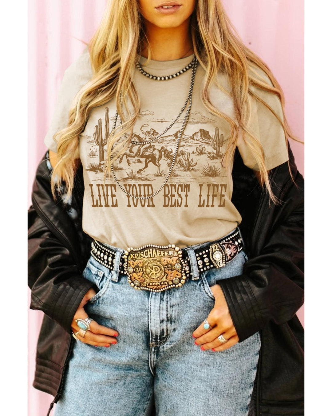 Beige LIVE YOUR BEST LIFE Crew Neck Western Graphic Tee - XL