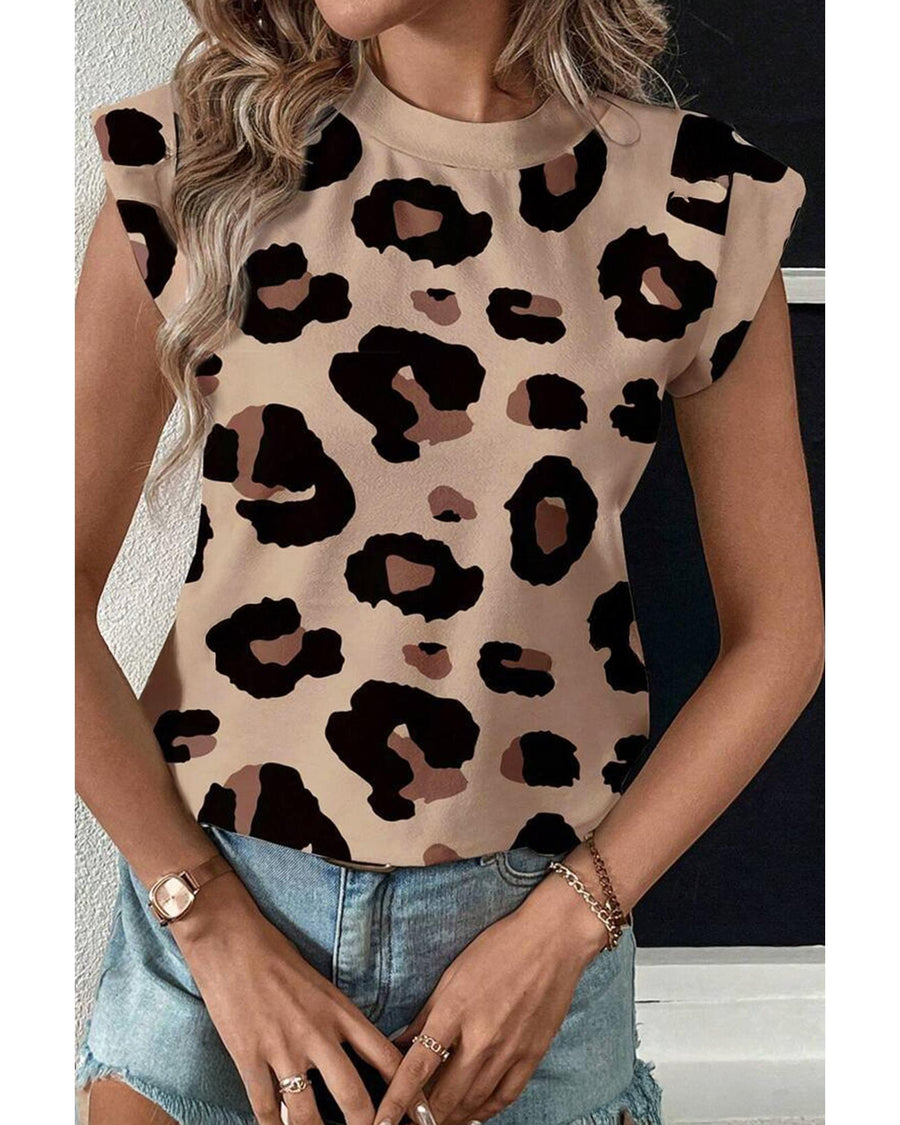 Khaki Leopard Crew Neck Cap Sleeve Casual Tee - XL