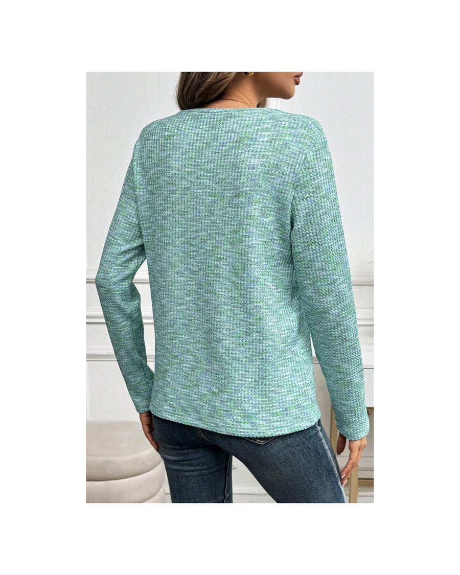 Moonlight Jade Buttoned V Neck Textured Knit Long Sleeve Top - S
