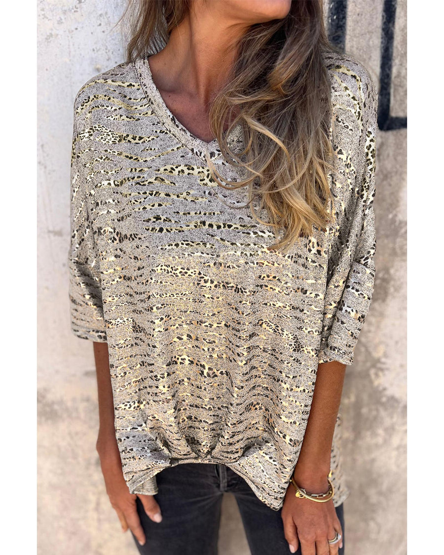 Gray Leopard Print Half Sleeve V Neck Loose Fit T Shirt - L