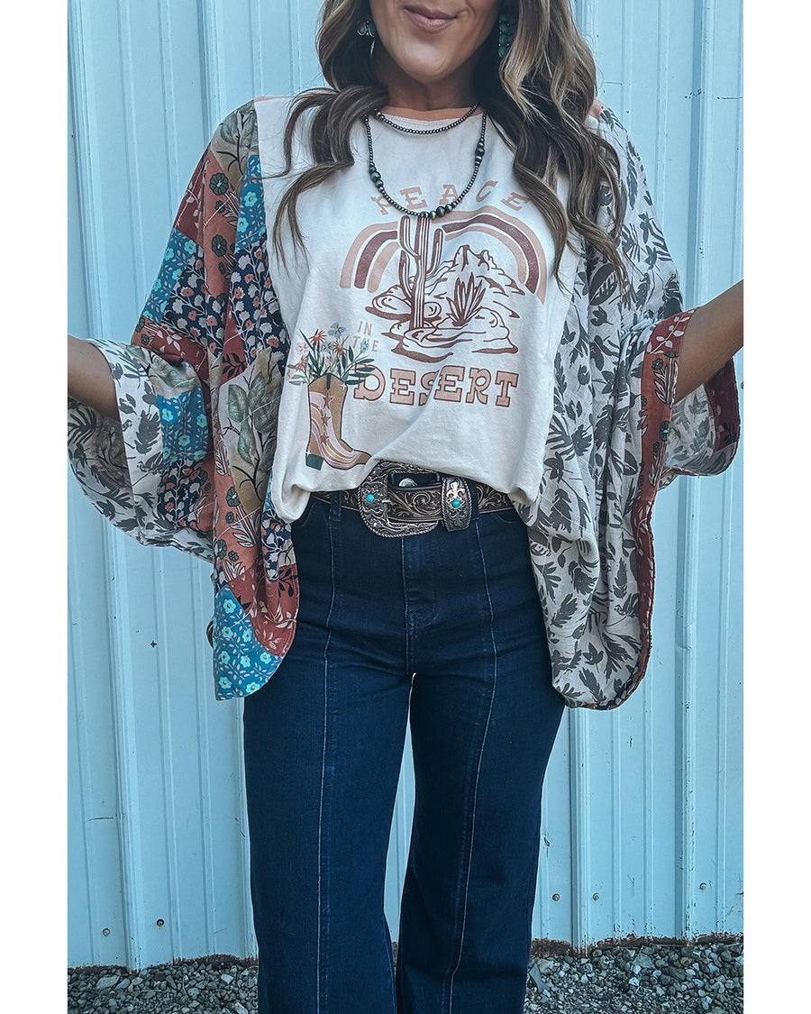 Multicolour Asymmetric Printed Patchwork Sleeve Peace Desert Graphic Top - S
