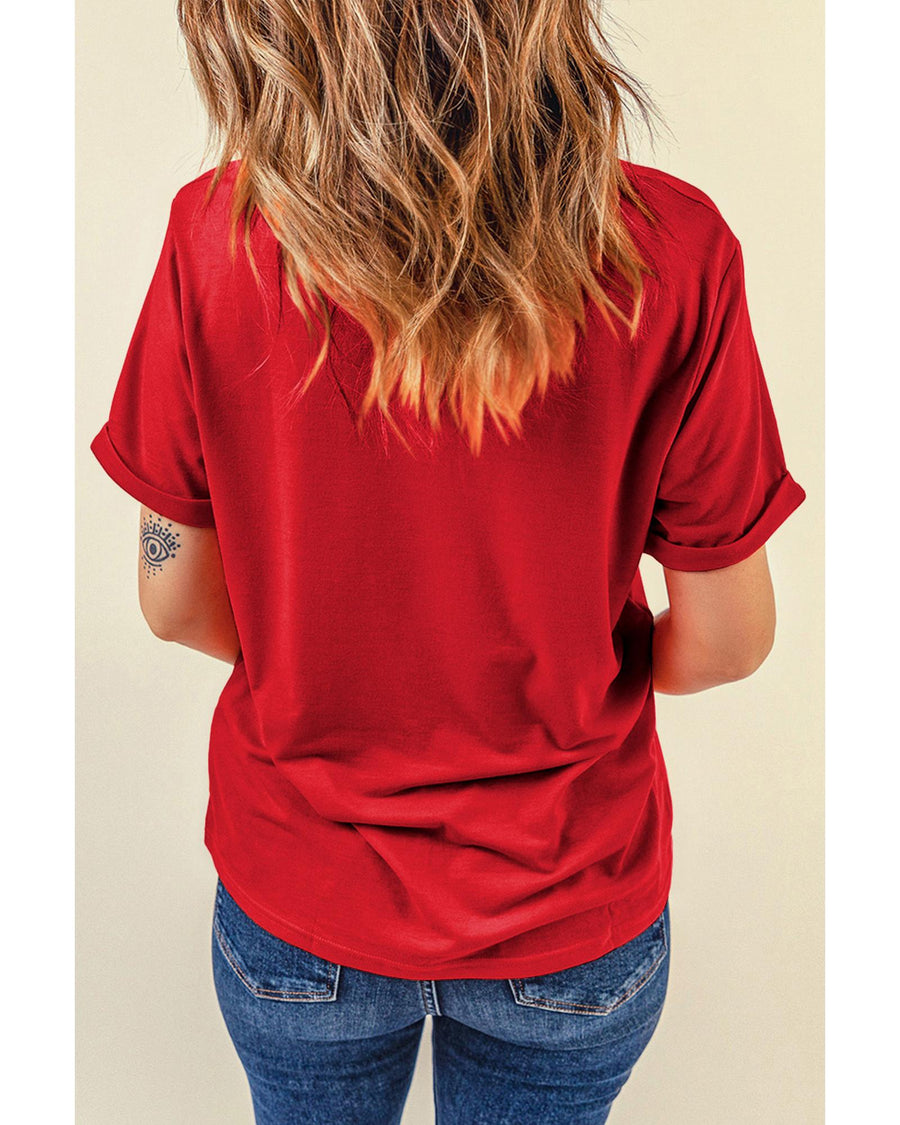 Red Rainbow Sequin Heart Shape Crew Neck T Shirt - 2XL