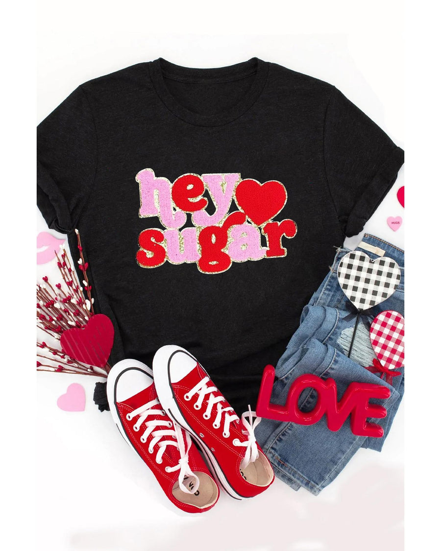 Black Chenille Heart hey sugar Patched Crewneck Valentines Tee - 2XL