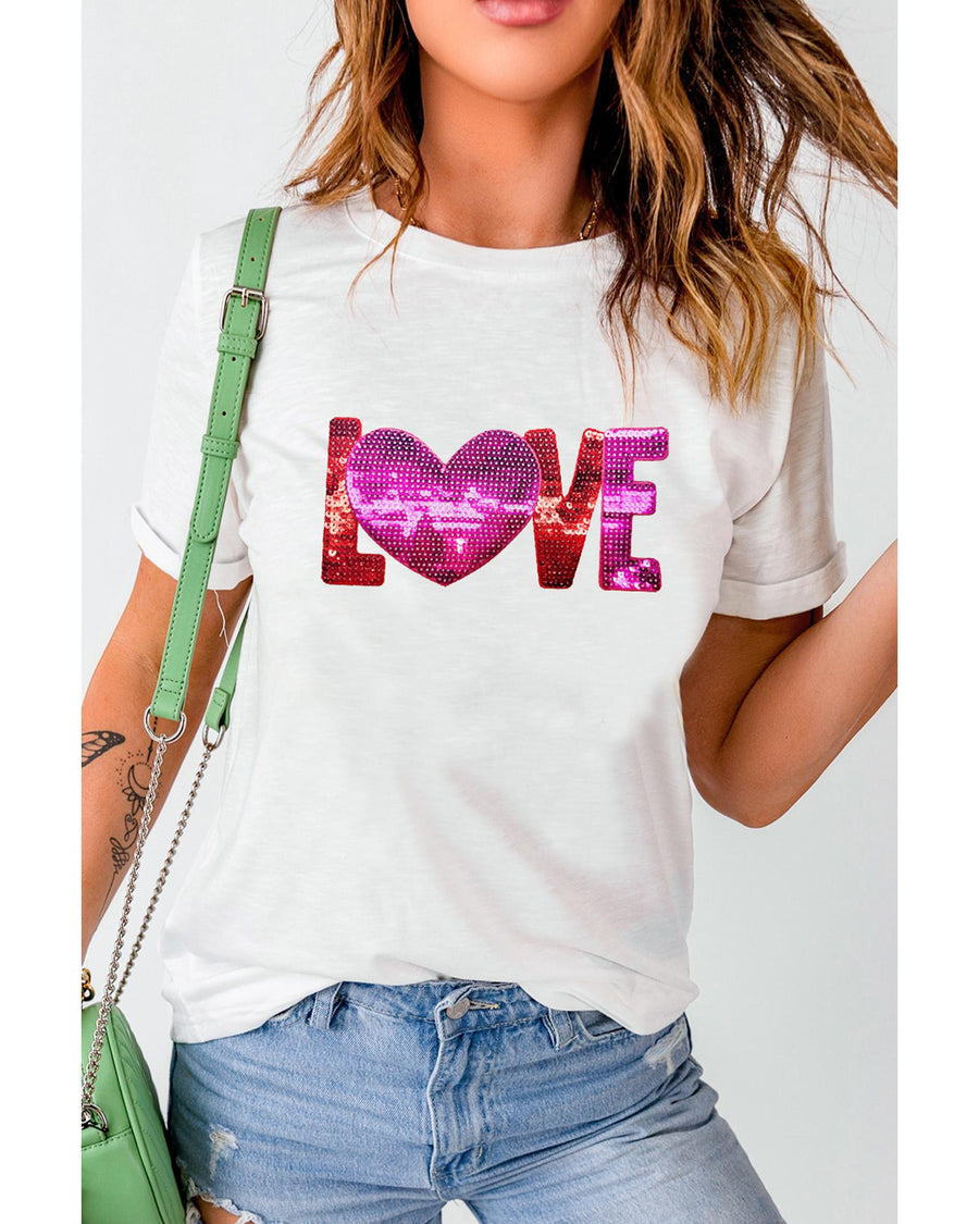 White Heart LOVE Patched Pattern Crewneck Valentines T Shirt - 3XL