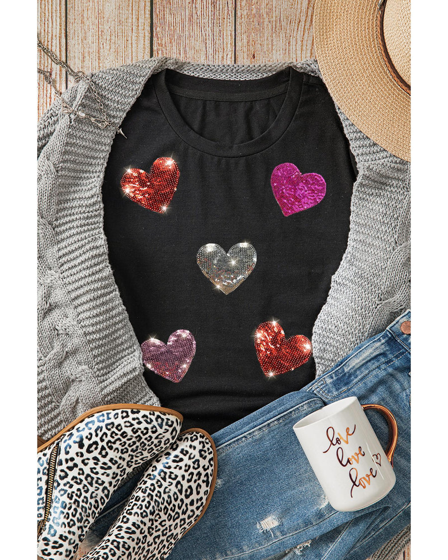 Black Sequin Heart Patched Pattern Crewneck Valentines Tee - 2XL