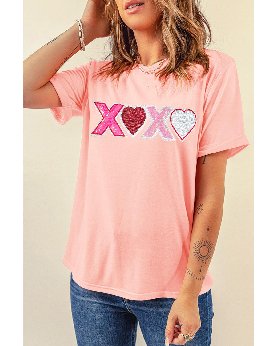 Pink Sequin Heart XOXO Patched Graphic Valentines T Shirt - 2XL
