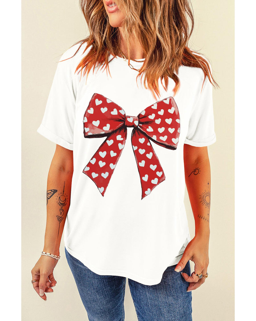 White Heart Bow Printed Crewneck Valentines T Shirt - XL