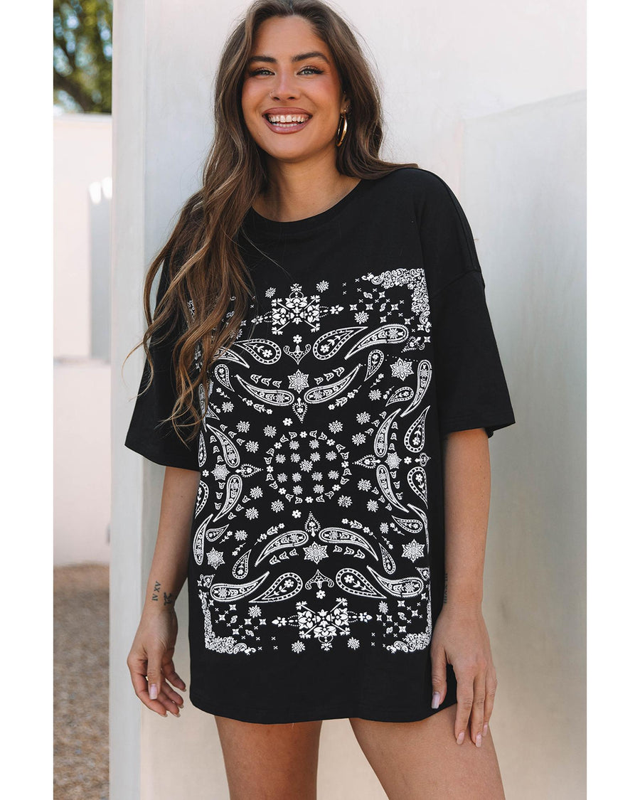 Black Paisley Print Crew Neck Loose Fit Tunic Tee - L