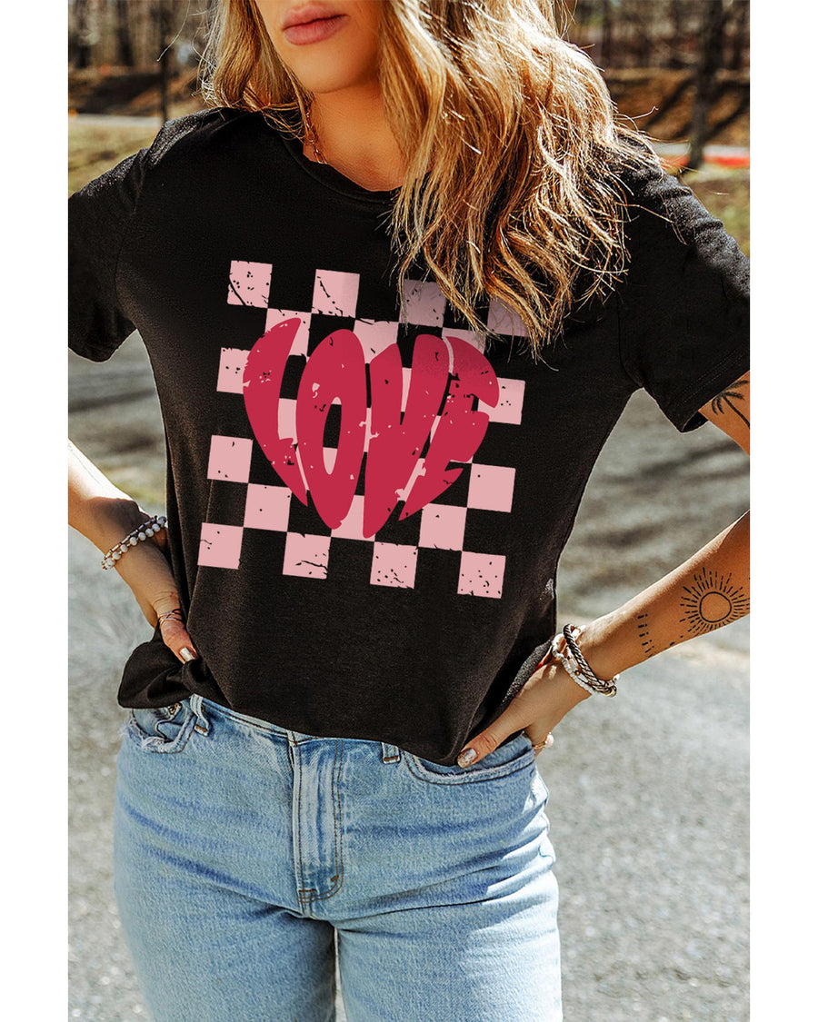 Black LOVE Checkered Graphic Valentine Tee - M
