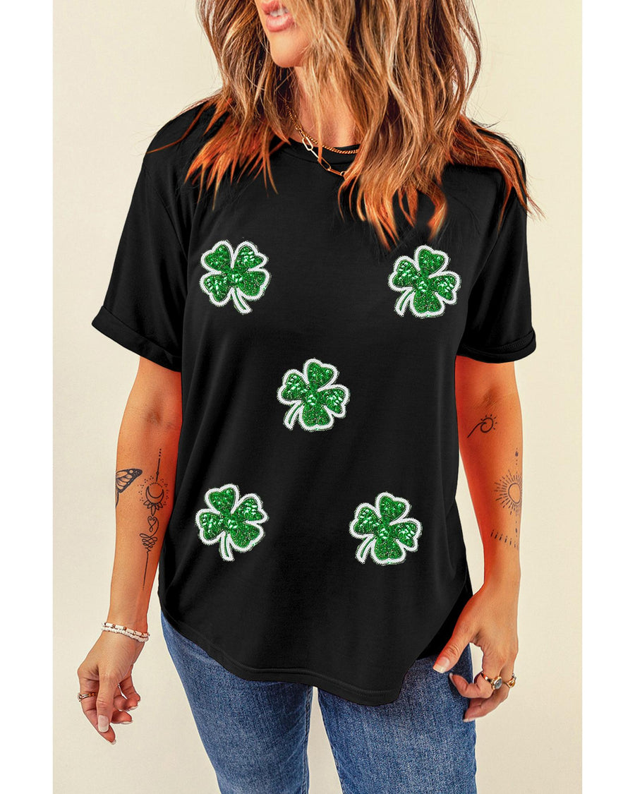 Black Four Leaf Clover Graphic St. Patricks Crewneck Tee - L