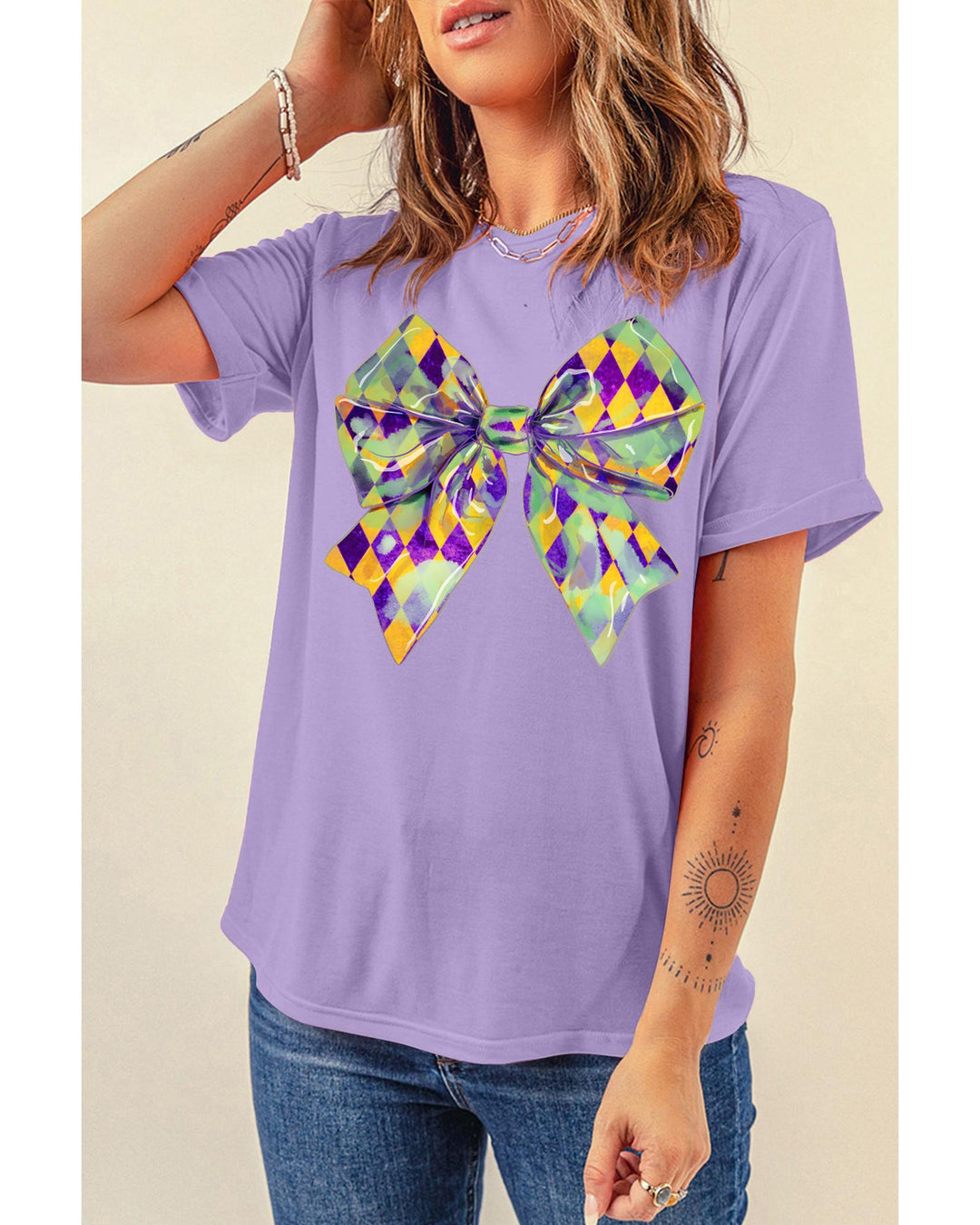 Wisteria Mardi Gras Bowknot Pattern Crew Neck T Shirt - M