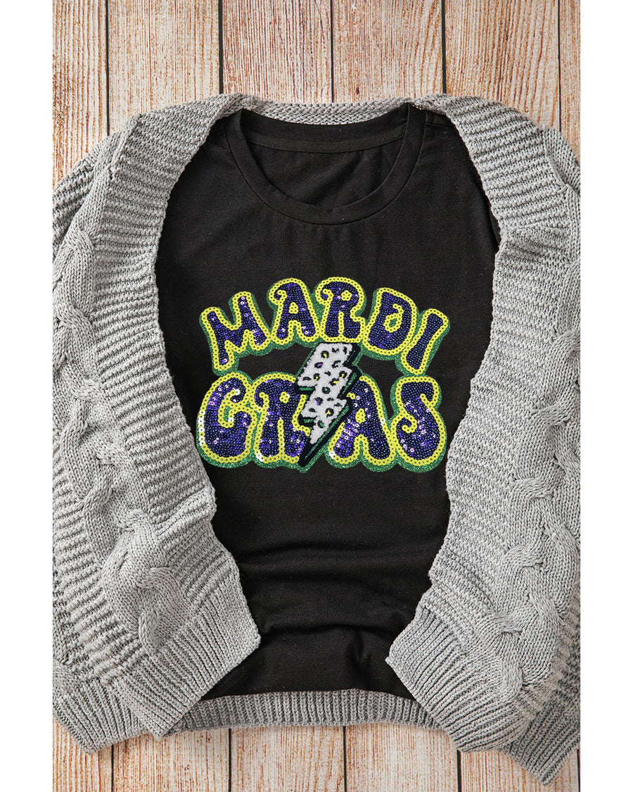 Black MARDI GRAS Lightning Graphic Short Sleeve Top - L