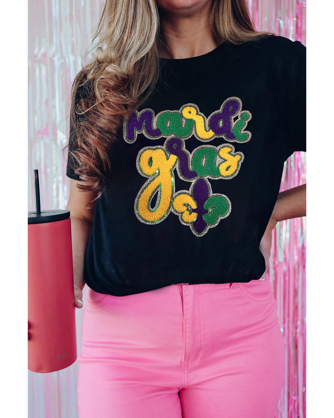 Black Chenille Mardi Gras Letter Graphic Tee - 2XL