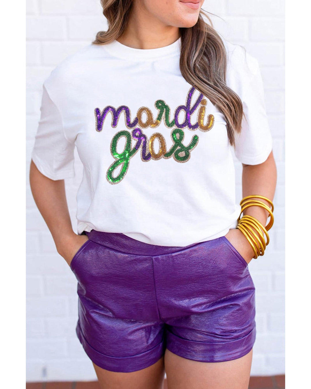 White Sequin mardi gras Graphic T Shirt - 3XL